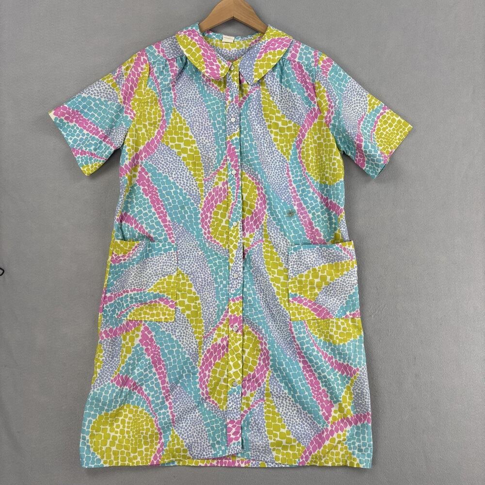 Vintage House Dress Womens 18 Multicolor Cotton Short Sleeve Pockets Snap Front